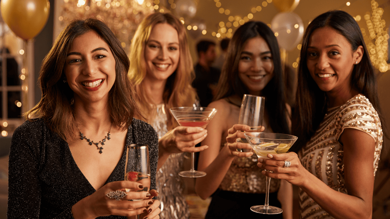 4 women holding cocktails at a holiday party